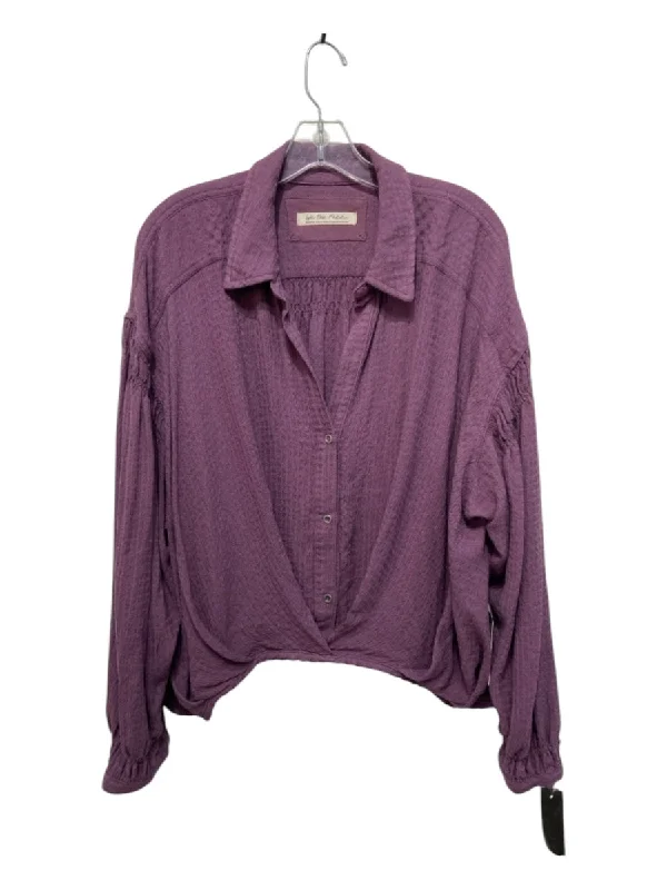 We The Free Size M Purple Viscose Blend Button Down Pleated Hem Collar Top