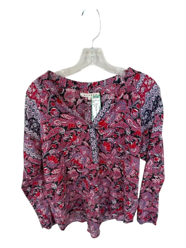 XiRENA Size S Red & Navy Cotton Long Sleeve Floral Half Button Top