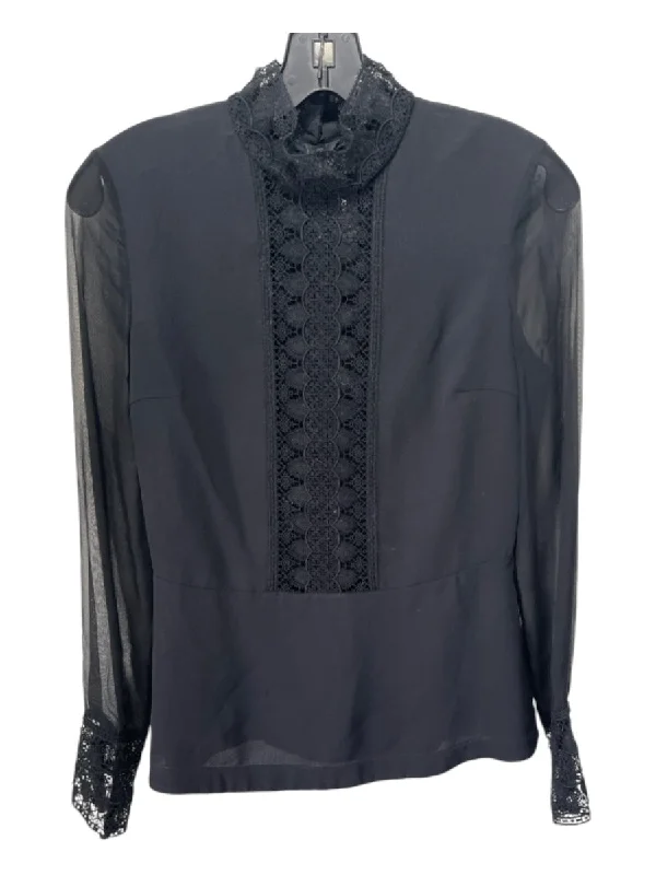 Yigal Azrouel Size Small Black Long Sleeve Lace Detail Mock Neck Back Zip Top